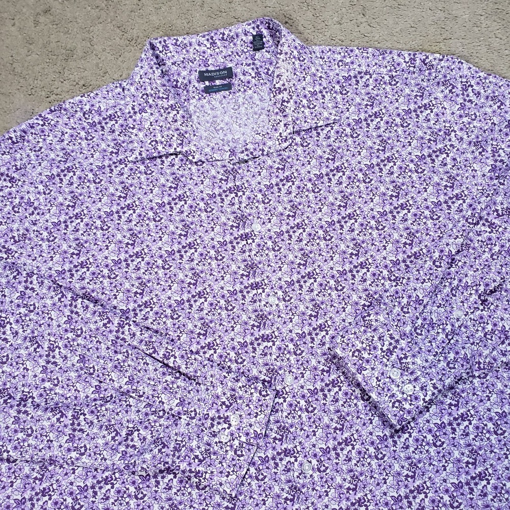 Madison Slim Fit Purple Floral Shirt Men 2XL 18-18.5 34/35 Dynamic Cooling Dress